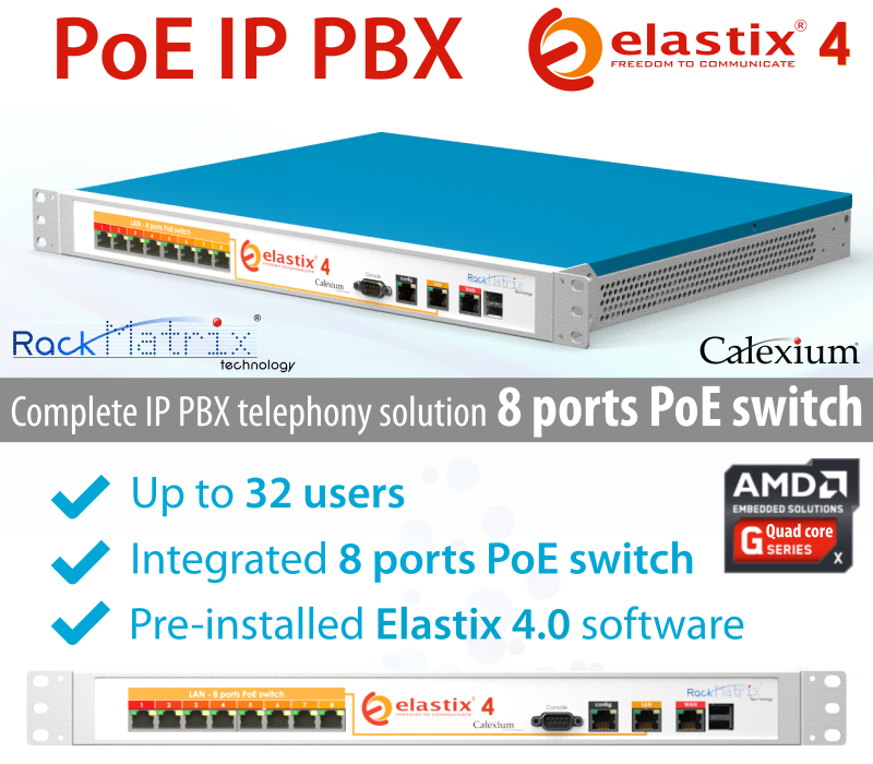 RackMatrix® PBX telephony solution with integrated 8 ports PoE switch